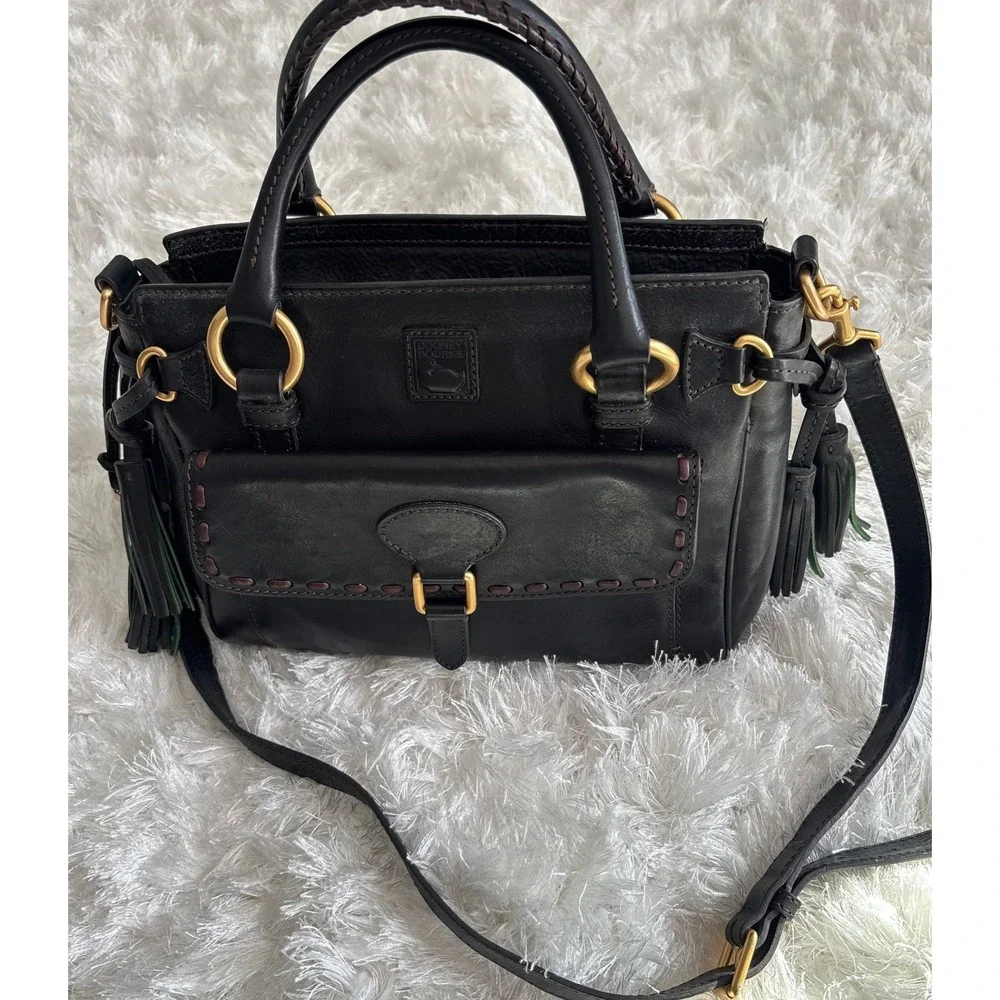 Dooney & Bourke Florentine Leather Satchel Black Whipstitch Crossbody Bag Y2K